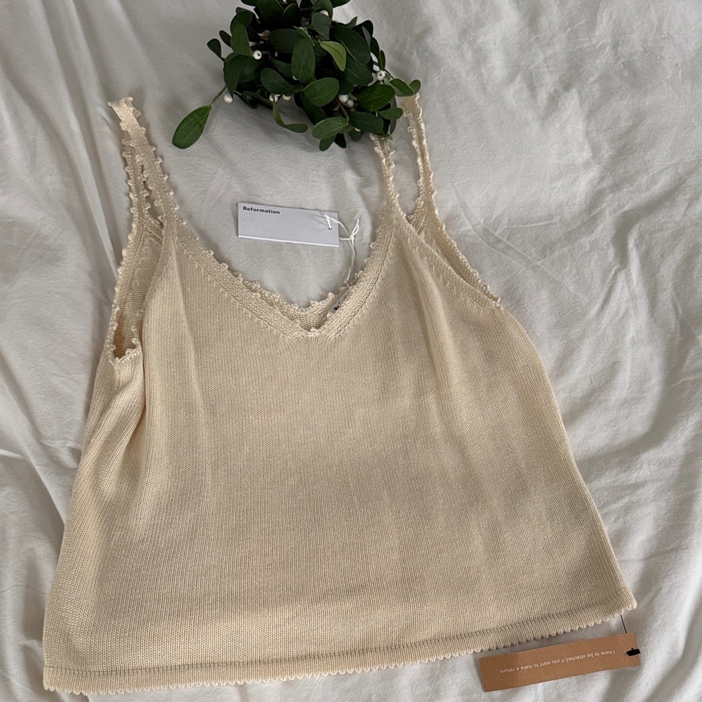 Reformation Beige Knit Top with Lace Trim